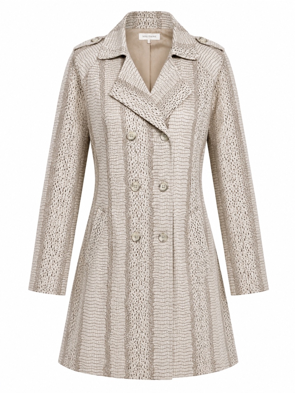 Solitaire Trench Coat Beige Medium Faux Suede Croc Print Quiet Luxury Fall Chic